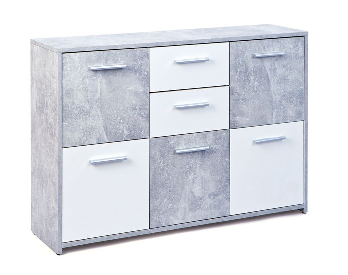 Commode 2 tiroirs - 5 portes - Gris béton et blanc