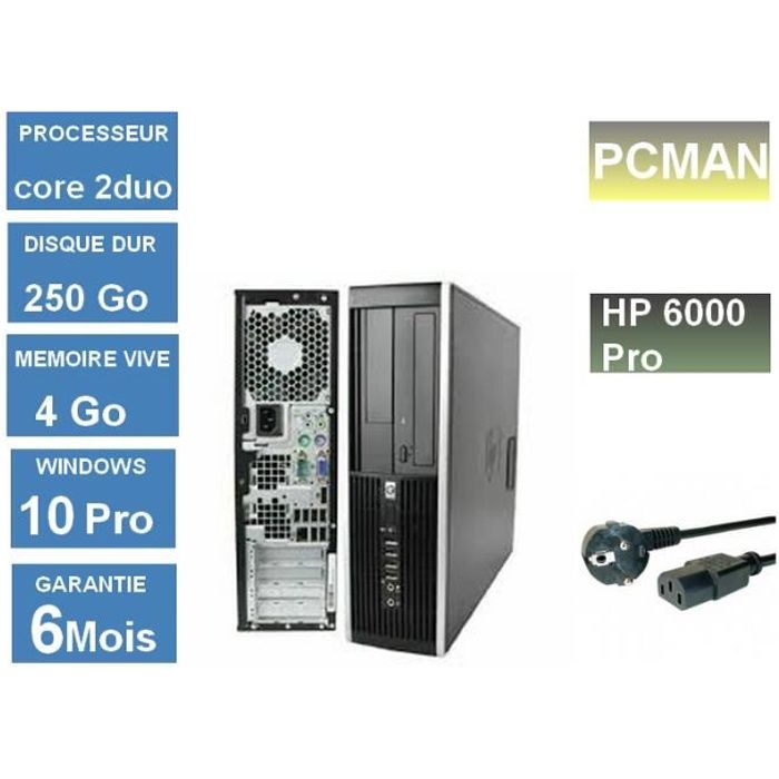 pc bureau Hp Compaq 6000 Pro SFF Core 2 Duo E7500 2.93 GHz – HDD 250 Go – RAM 4 Go Windows 10 Pro + pack Office 2007