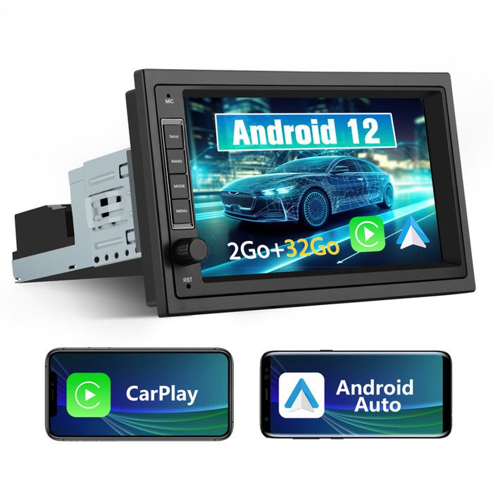 Junsun Autoradio 1 Din 2Go+32Go Android 12 avec 7'' Écran Tactile
