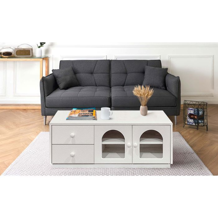 MENZZO Table basse 60x100cm avec portes et tiroirs style naturel chic Volos Blanc texturé MENZZO Table basse 60x100cm avec portes et tiroirs style naturel chic Volos Blanc texturé