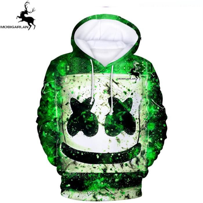 Sweat a capuche Homme de Marque Luxe a imprime DJ marshmello Sweat shirt hommes Vetement Masculin Vert Cdiscount Pret a Porter