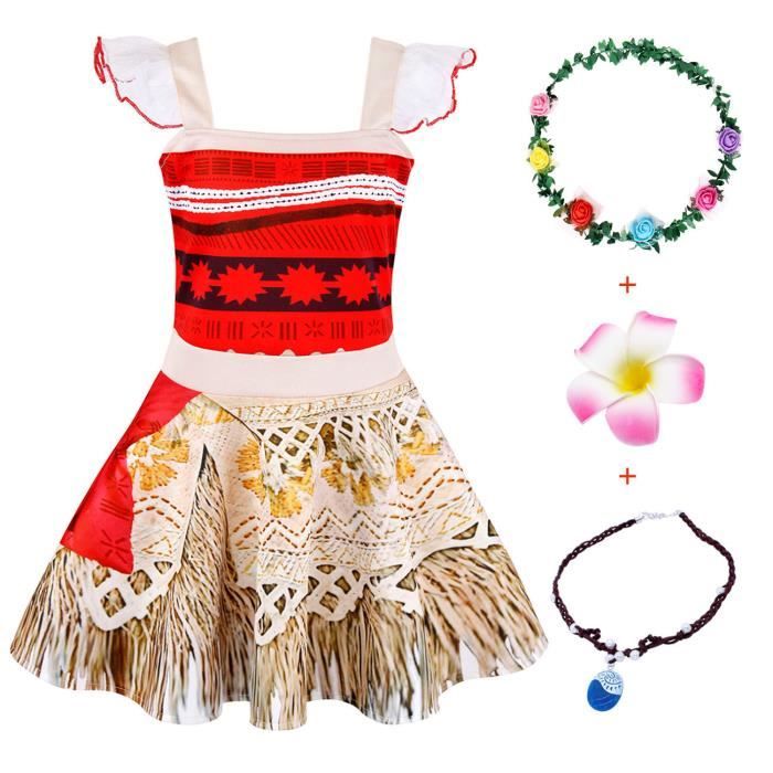 Robe Princesse Moana New Front - Taille 3-7 Ans - Avec Collier Et Guirlande - Déguisement Fille