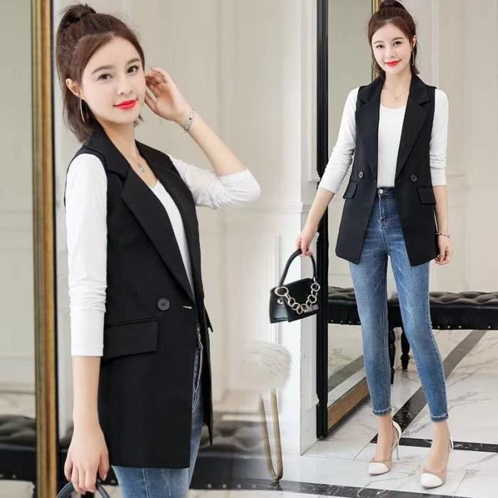 CRAZE Office Lady Long Casual Vest Femmes Classique L?�che Poche Gilet Femme Slim Sans Manches 