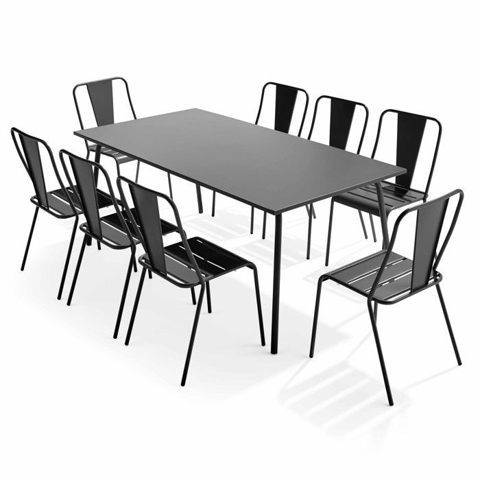 Ensemble table de terrasse et 8 chaises bistrot en acier gris