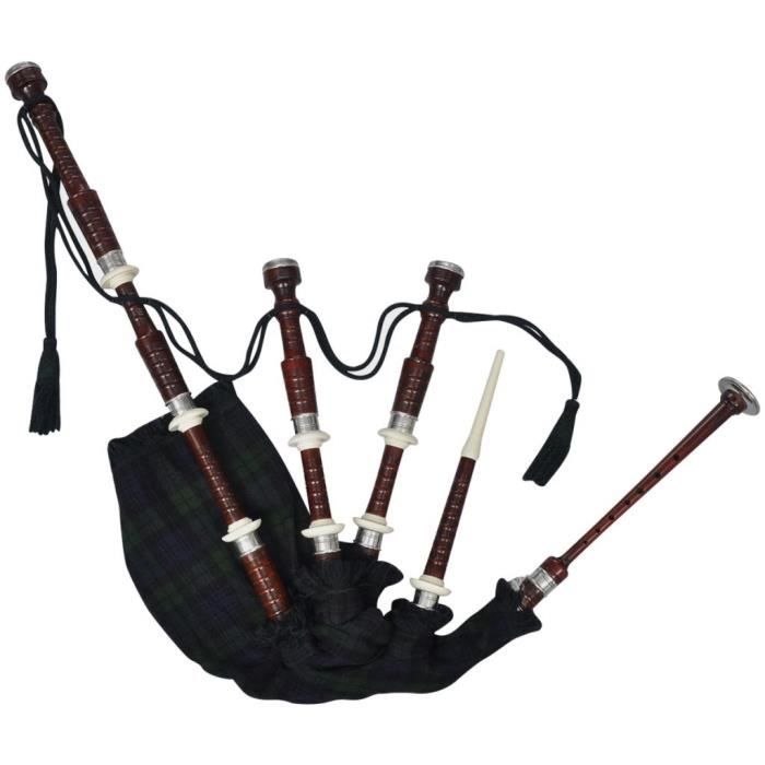 Cornemuse écossaise Palissandre Noir - Supports Argentés, Tartan Royal Stewart, Sac Inclus Apprentissage Cornemuse Livre