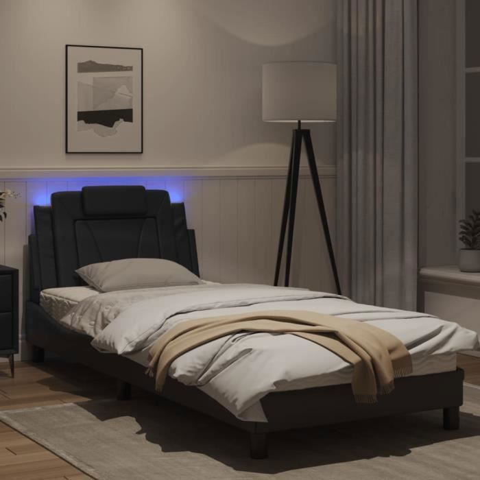 Cadre de lit avec lumières LED - SALUTUYA - 90x190 cm - Similicuir noir - Design moderne - Excellent soutien