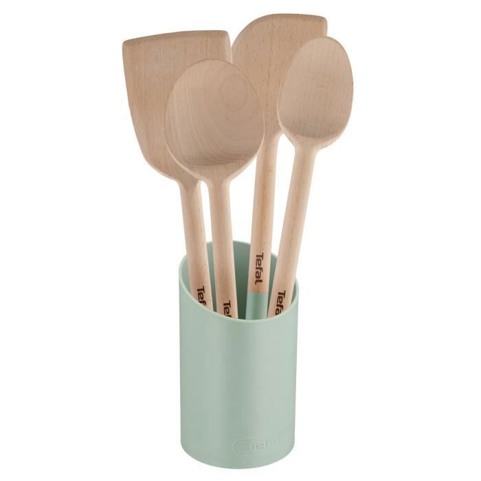 TEFAL NATURA Set 5 pièces contenant 1 pot à ustensiles, 1 cuillère, 1 cuillère large, 1 spatule, 1 maryse, couleur LICHEN K270S504