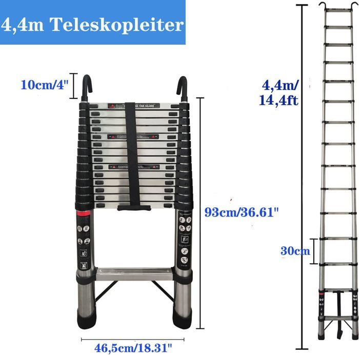 Échelle De Secours Pliable 4,5 M Aluminium - 450 Kg - Crochets Télescopiques - Anti-Feu