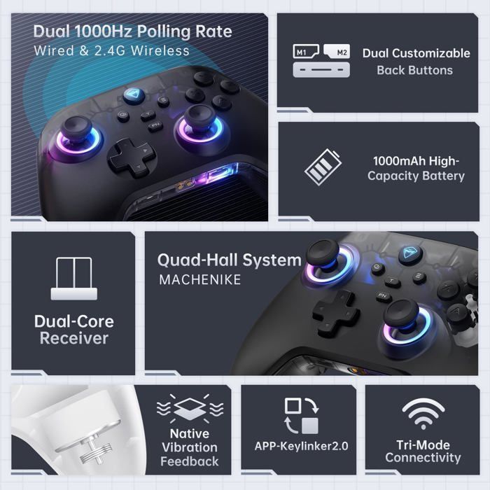 Manette Sans Fil G3V2 PC/Switch/iOS/Android - Hall Effect 1000Hz RGB + Station Charge 1000mAh