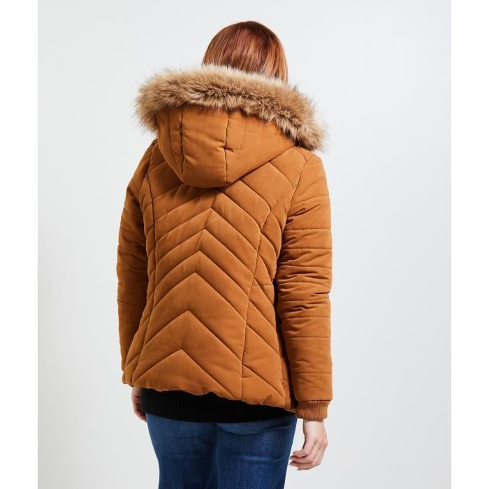 Doudoune courte femme GRAIN DE MALICE Marron fonce Beige Fermeture eclair Capuche avec fausse fourrure Marron fonce Cdiscount Pret a Porter