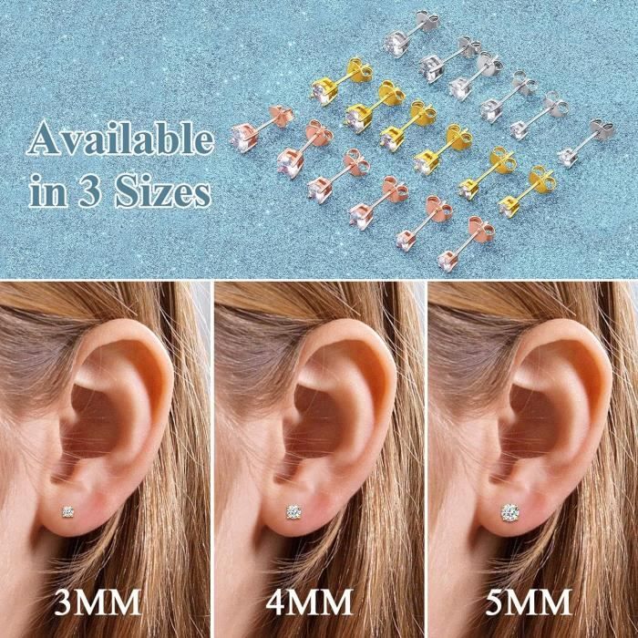 3 Paires Boucles D'Oreilles Argent 925 – Cristal Rond 6-10 Mm – Hypoallergéniques – Cadeau Femme