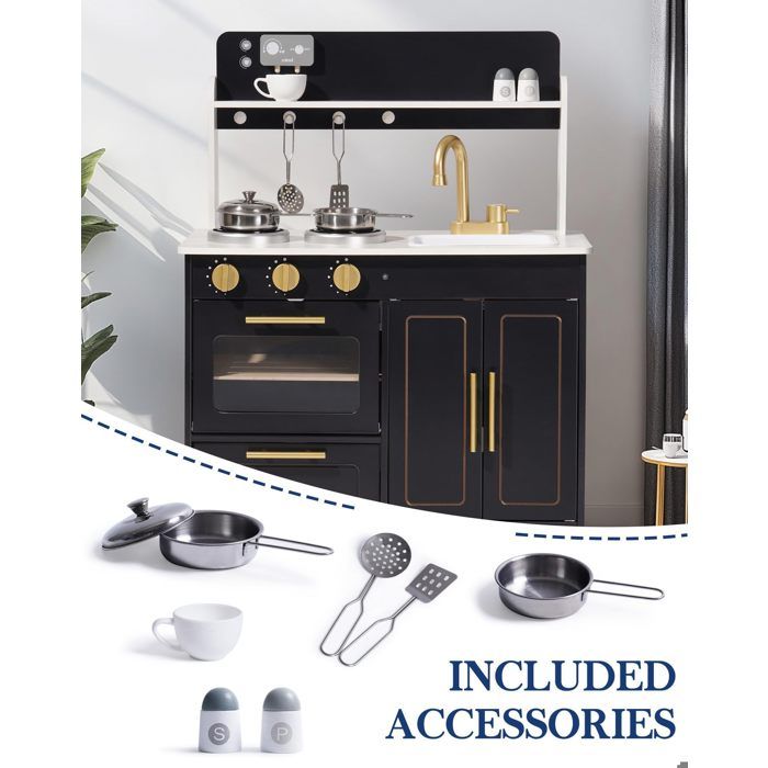 ROBUD Cuisine De Jeu En Bois Montessori – Avec Accessoires, Casseroles, Légumes Et Vaisselle – Dès 3 Ans, Design Doré Trop Chic !