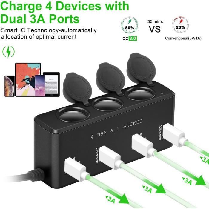 Chargeur de batterie,Allume cigare de voiture 4 Ports USB QC3.0 + 2,4 a +  3,1 a, adaptateur rapide universel de - Type black - Cdiscount Auto