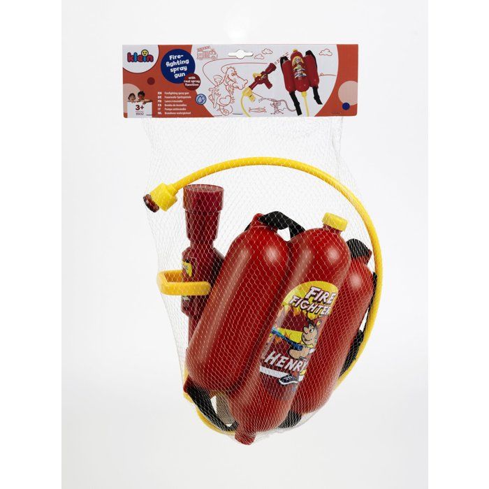 Lance à eau de pompier, lot de 4, 2,5 l de réservoir, 5 m de portée, 2 fonctions de jet, Sac à dos enfants, rouge-jaune