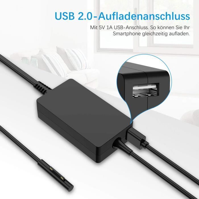 USB 5V 1A Chargeur Surface Pro 44W 15V 2.58A pour Microsoft