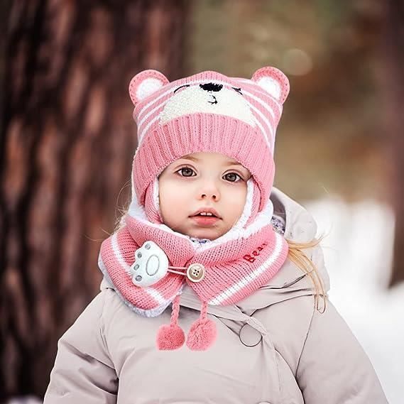 Bonnet Et écharpe Bébé Hiver - Double Couche Douce - Pompon Mignon - Pour 1 à 4 Ans