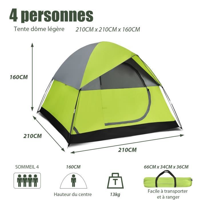 COSTWAY Tente de Camping 4 Personnes Double Couche Tissu Oxford Imperméable  Sac 2 Cordes Coupe-vent 2 Fenêtres en Maille Filet Vert - Cdiscount Sport