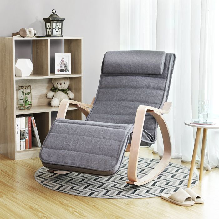 Fauteuil à Bascule En Bois De Bouleau - Chaise Berçante Avec Repose-pieds Réglable - Charge 150 Kg - Beige
