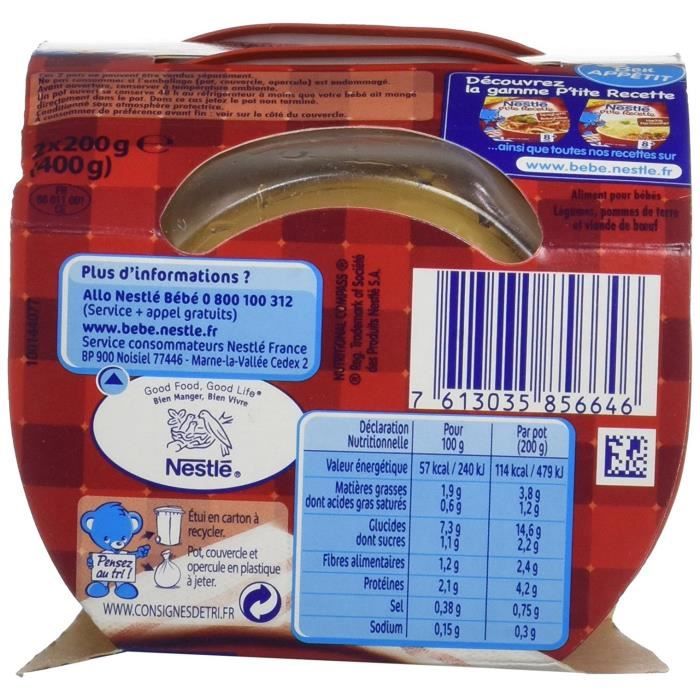Nestlé P'tite Recette Légumes Poulet Lait De Coco - 2x200g - Pour Bébé Dès 8 Mois
