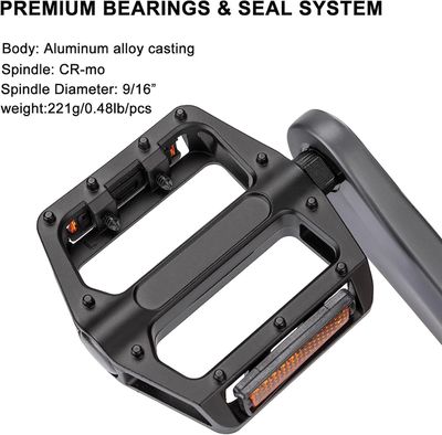 REETEE Pédales VTT Aluminium 9/16" Avec Réflecteurs Et Clous Antidérapants - Pédales Vélo Route, BMX, Montagne