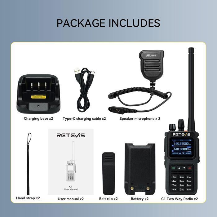 Retevis C1 Talkie-Walkie Longue Portée IP67 Étanche - 2 Pièces Avec Micro, Batterie 1800mAh USB-C, Double Bande Pour Sauvetage Et Professionnels (Noir)