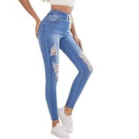 FUNMOON Jeans Femmes Taille Élastique Déchiré Lacets Pantalon À Petites Jambes Pantalons Crayon Nouveau