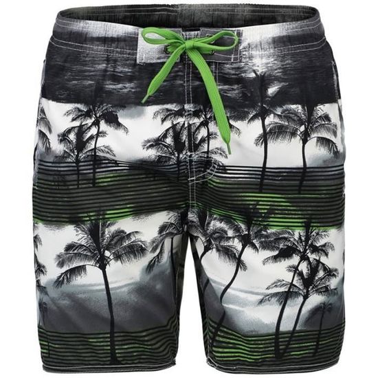 Short De Bain Homme Long - Séchage Rapide - Taille Élastique - Imprimé Blanc - Plage, Surf