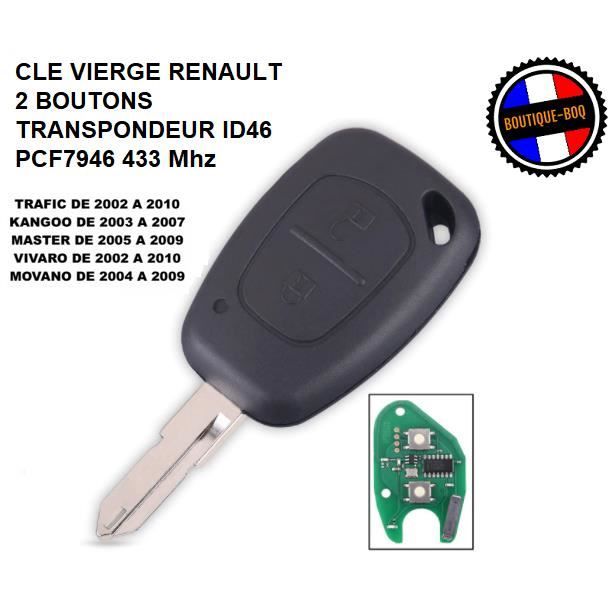 Clé Vierge Transpondeur ID46 PCF7946 433 Mhz Lame NE73 Renault Trafic Master Kangoo Vivaro Interstar- Cle 2 Boutons