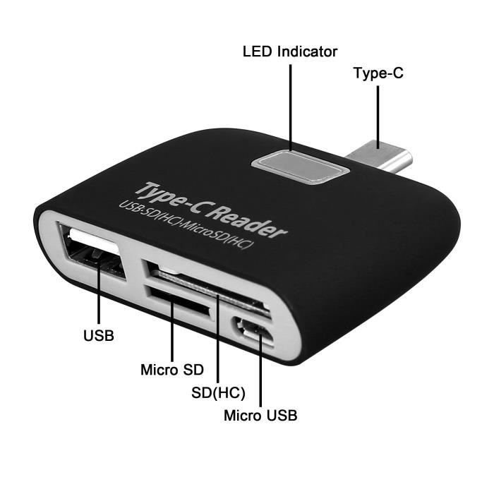 Lecteur de cartes pour XIAOMI Mi 10 Pro Smartphone Type-C Android SD Micro SD USB Adaptateur Universel (NOIR)