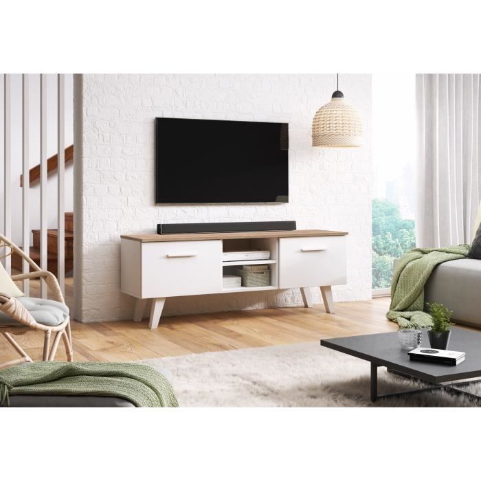 DÉCORO Meuble TV BERGEN style scandinave décor blanc mat et craft tabaco 140 cm