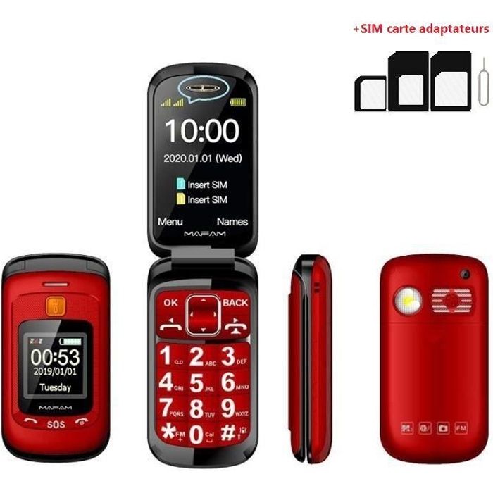Téléphone grosses touches mobile sénior à clapet - Double écran LCD-Sonnerie et volume ultra fort -Bouton SOS(SIM carte adaptateur)