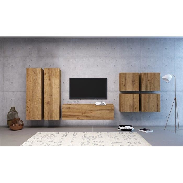 VIVIO - Ensemble meubles TV à suspendre - 7 pcs - Mur TV avec rangements salon/séjour - Unité murale moderne - Aspect bois - Chêne