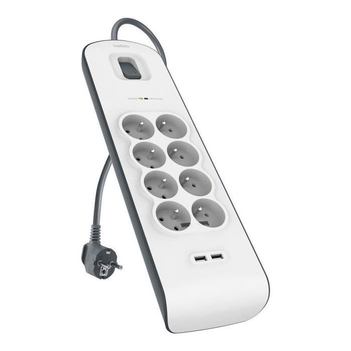 Belkin - BSV804ca2M - Multiprise/Parafoudre 8 Prises avec 2 Ports USB - Cordon de 2m - Blanc (Protection jusqu'à 900 joules)