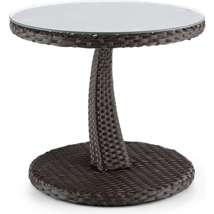 Blumfeldt Tabula Table d'appoint plateau verre 50cm rotin synthétique alu marron