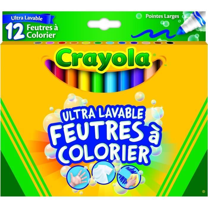 Crayola - 12 Feutres à colorier ultra lavables - boîte française - se nettoie sans frotter