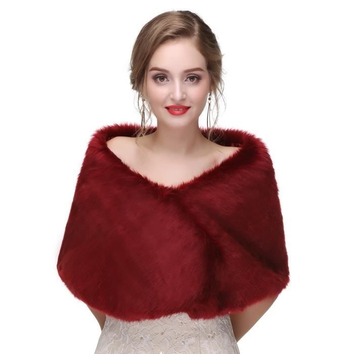 Châle Femmes Faux Fourrure Cape Manteau de Soirée de Mariage Élégant et Chic 120*30cm -Rouge