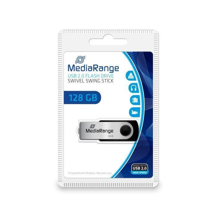 MediaRange MR913, 128 Go, 2.0, Connecteur USB Type-A, 10 Mo-s, Pivotant, Noir, Argent