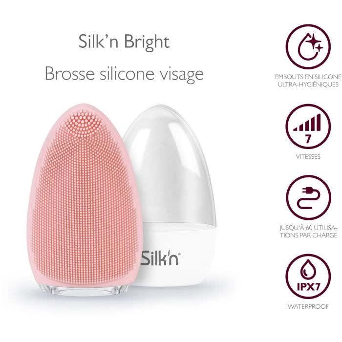Silk'n BRIGHT rose - Brosse visage silicone - Etui de rangement - Rechargeable - hypoallergénique