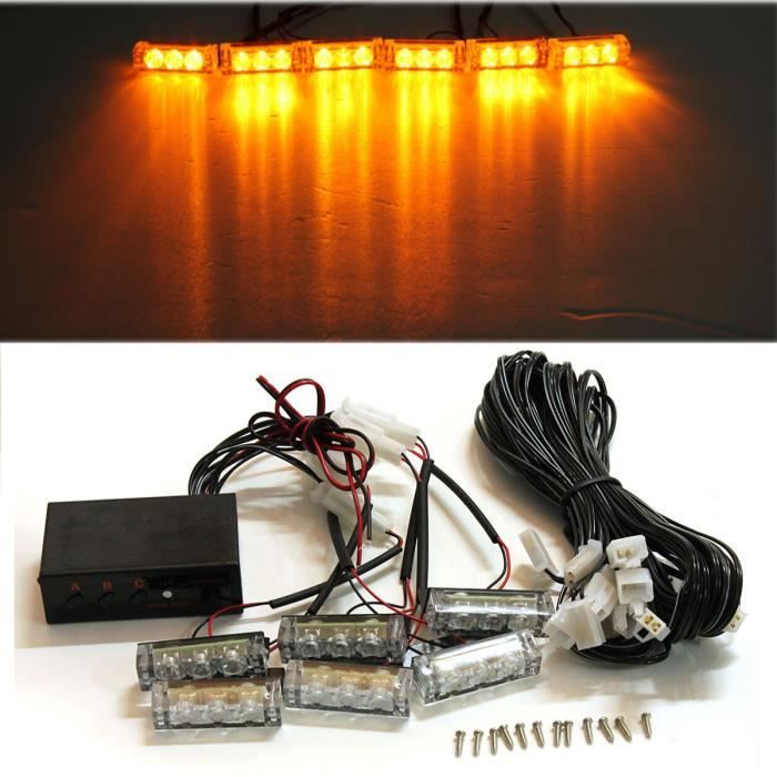 12V 3W 6x3 LED Ambre Clignotant Feux Grille Bar Strobe Avertissement Répartition