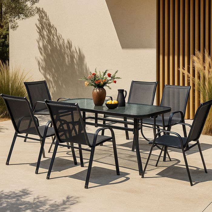 Salon Jardin IDMarket Madrid - Table 150cm + 6 Chaises Empilables | Gris Anthracite, Verre Trempé