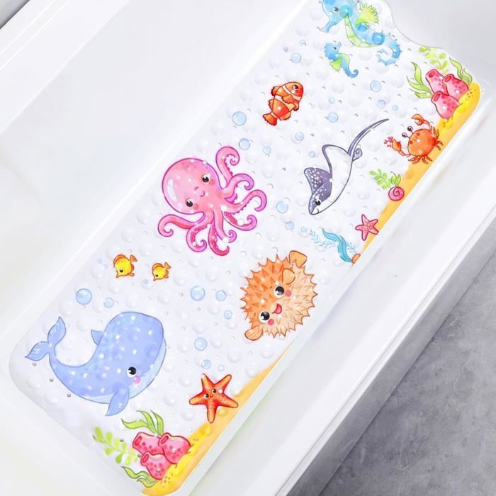 Tapis Antidérapant Baignoire Enfant 100x40cm - Motif Marin Avec 200 Ventouses Anti-Moisissure