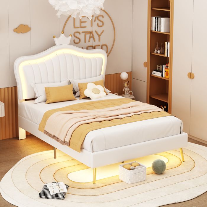 DRIPEX Lit enfant LED 90x200cm Lit maison en cuir PU avec couronne à la tête du lit sommier à lattes et dossier Blanc