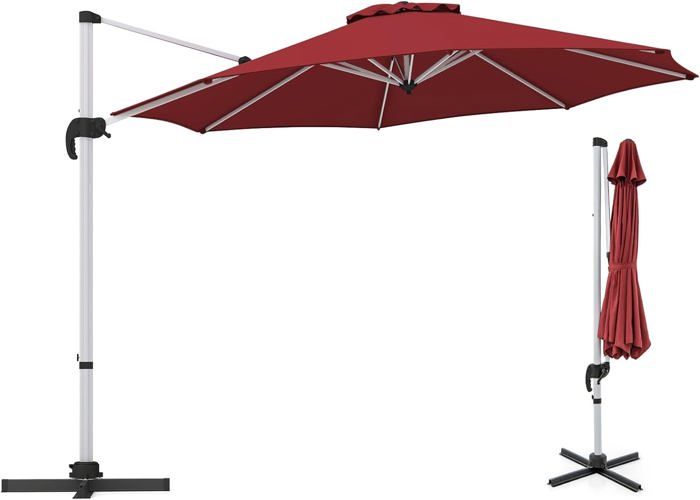 Parasol de Jardin Φ3M - GOPLUS - Parasol Déporté Rond Inclinable à 5 Angles - Rotatif à 360°- Pied en Croix - en Alu- Bordeaux