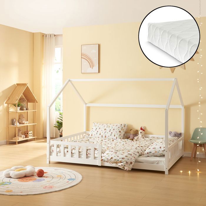 Lit cabane Hesel avec matelas à mousse froid 140 x 200 cm blanc