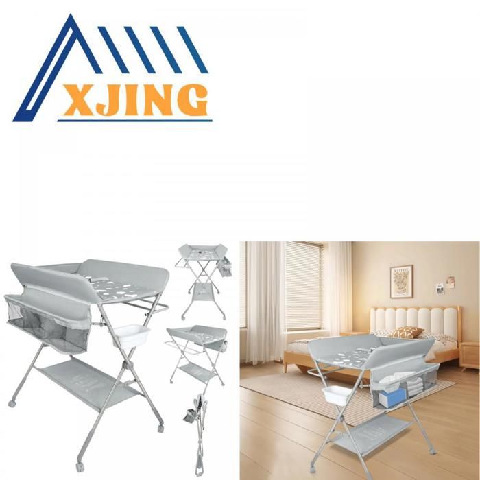 XJING Table à langer portable gris clair avec panier de rangement et une étagère pour les produits de bébé