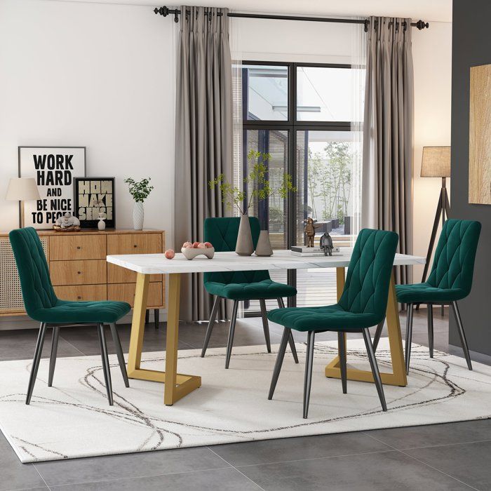 Ensemble de Table à Manger Moderne - Table de Cuisine 117x68 cm avec 4 Chaises Velours Vert Émeraude Pieds Dorés - Pour 4