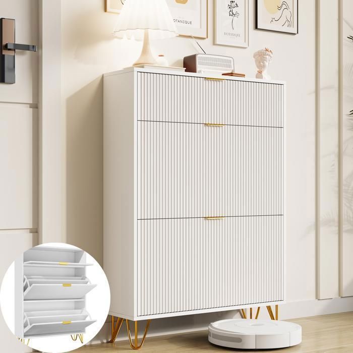 Meuble à chaussures blanc en bois avec portes 80×24×119cm Meuble dEntrée avec 2 étagères réglables pour Salon ou Couloir