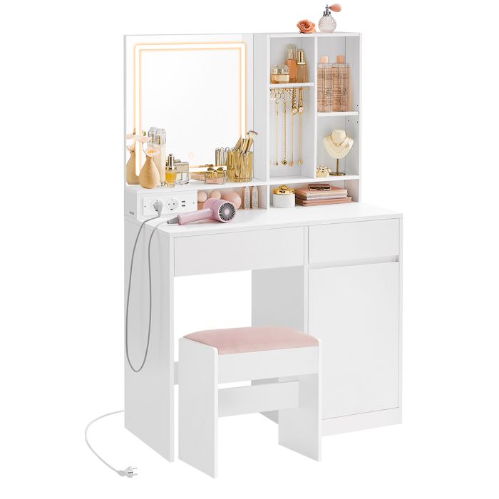 Coiffeuse avec Tabouret de Coiffeuse avec Miroir et Lumière Prise de Courant Largeur de 90 cm Blanc Nuage et Rose Bonbon Coiffeuse avec Tabouret de Coiffeuse avec Miroir et Lumière Prise de Courant Largeur de 90 cm Blanc Nuage et Rose Bonbon
