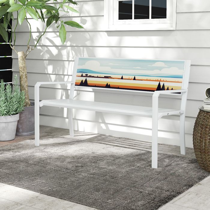 COSTWAY Banc de Jardin Extérieur 2 Places en Métal Dossier Décoratif Assise à Lattes Accoudoirs pour Patio Véranda BalconBlanc