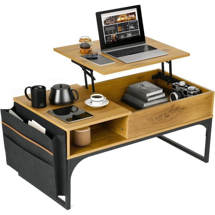 MEUBLES COSY Table basse relevable industrielle avec rangement en bois de chêne et métal noir - ZOLA